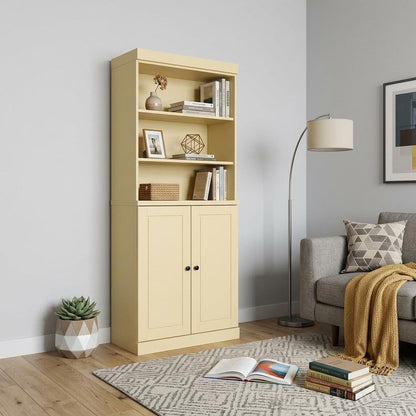 72" Yellow Solid Wood Adjustable Six Tier Library Bookcase with Two Doors HomeRoots