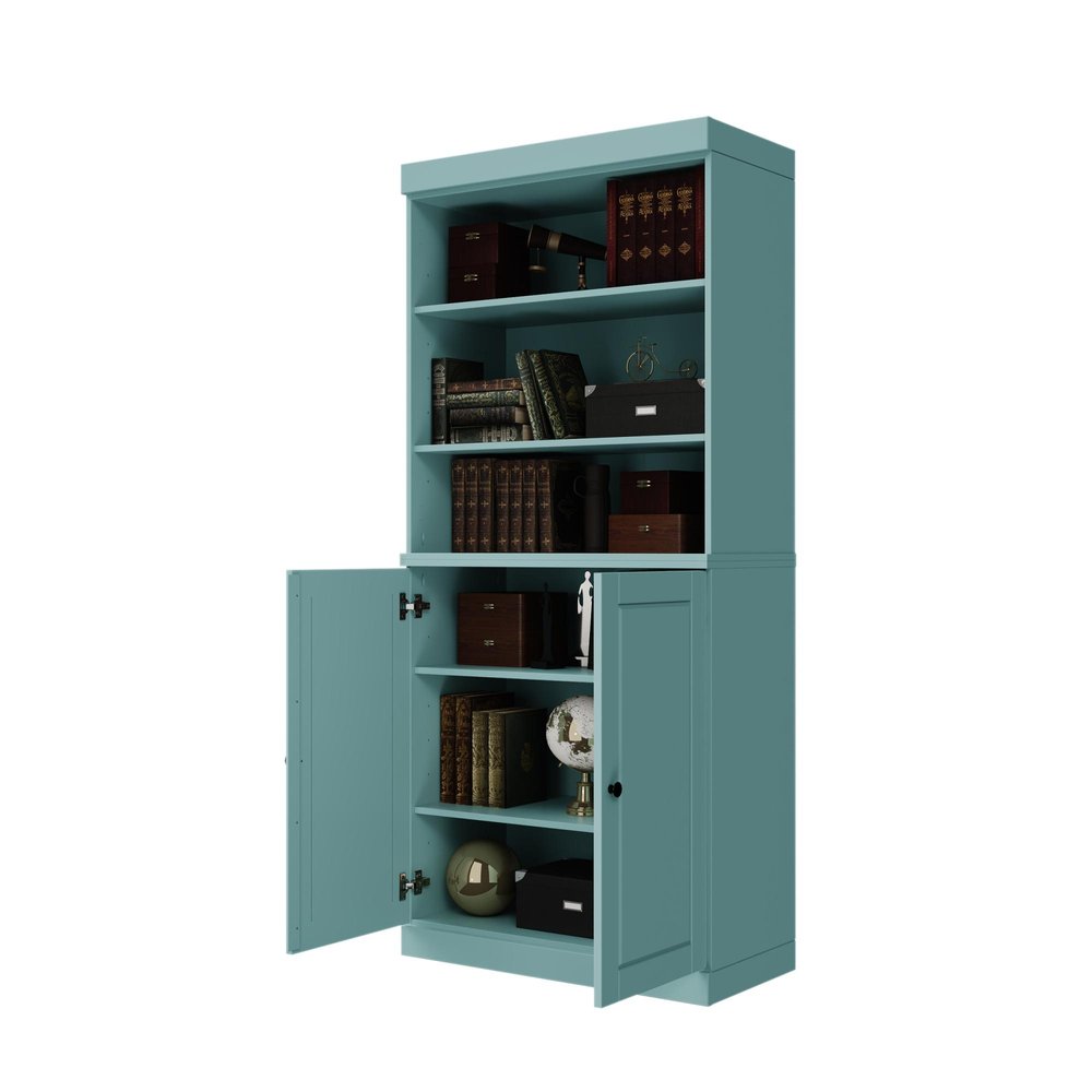 72" Aqua Solid Wood Adjustable Six Tier Library Bookcase with Two Doors HomeRoots