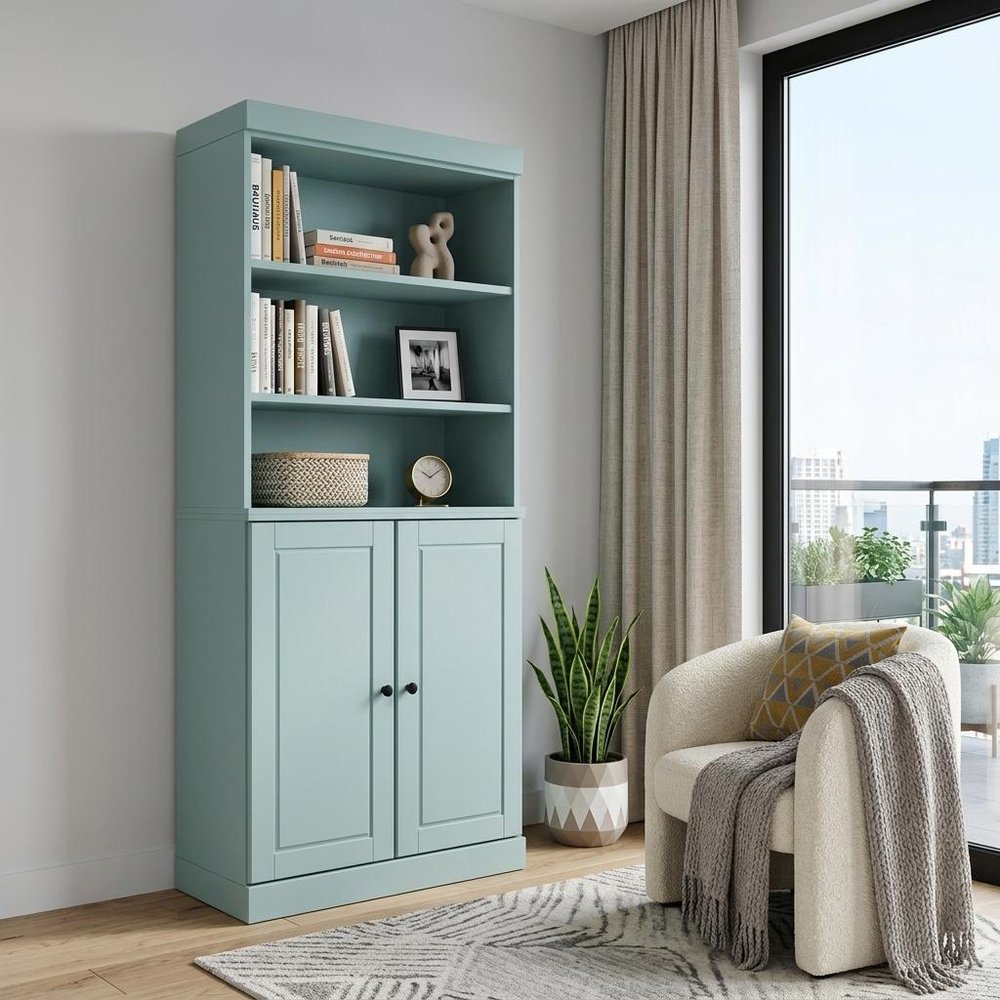 72" Aqua Solid Wood Adjustable Six Tier Library Bookcase with Two Doors HomeRoots