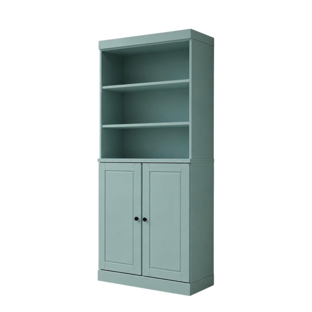 72" Aqua Solid Wood Adjustable Six Tier Library Bookcase with Two Doors HomeRoots