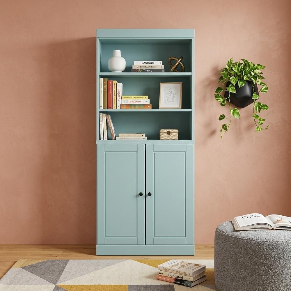 72" Aqua Solid Wood Adjustable Six Tier Library Bookcase with Two Doors HomeRoots