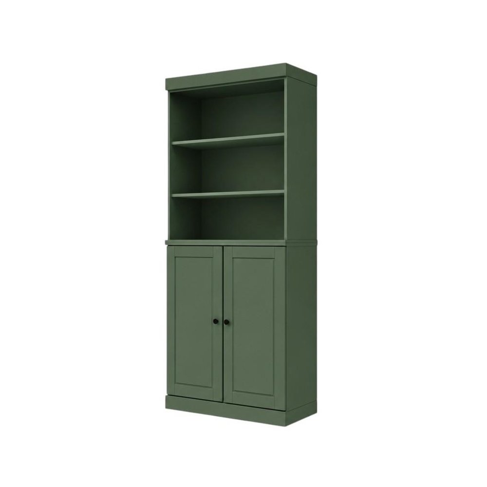 72" Green Solid Wood Adjustable Six Tier Library Bookcase with Two Doors HomeRoots