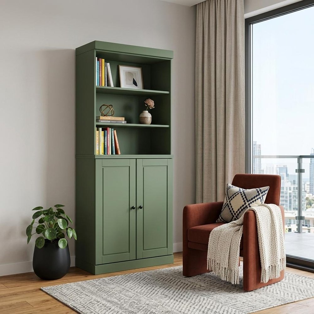 72" Green Solid Wood Adjustable Six Tier Library Bookcase with Two Doors — view 2