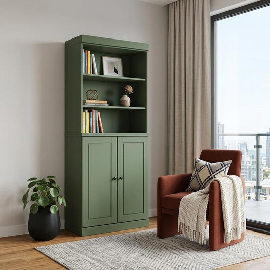 72" Green Solid Wood Adjustable Six Tier Library Bookcase with Two Doors