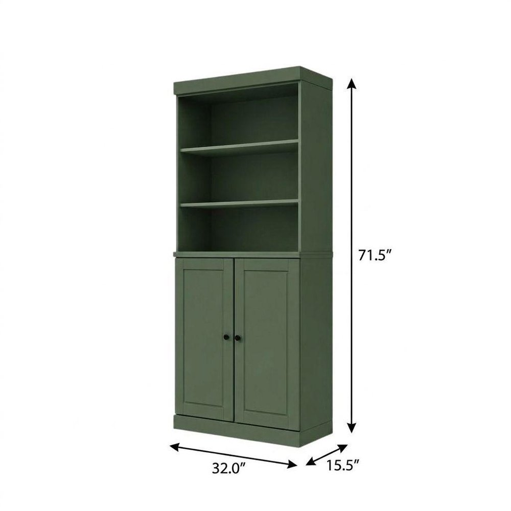 72" Green Solid Wood Adjustable Six Tier Library Bookcase with Two Doors HomeRoots