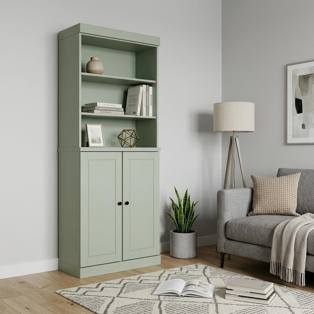72" Sage Solid Wood Adjustable Six Tier Library Bookcase with Two Doors — view 2