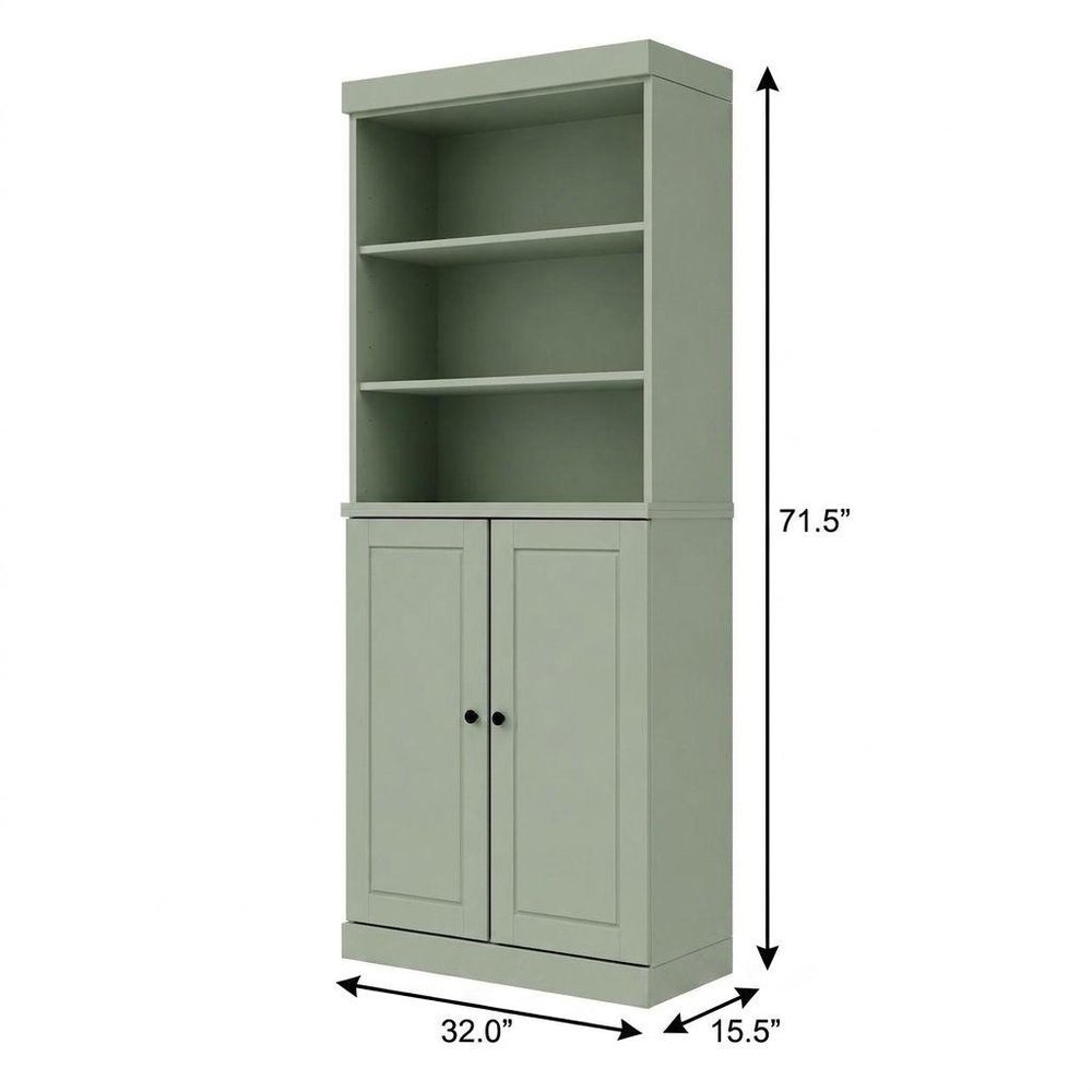 72" Sage Solid Wood Adjustable Six Tier Library Bookcase with Two Doors — view 3