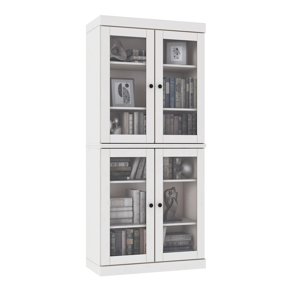72" White Solid Wood Adjustable Six Tier Library Bookcase with Four Doors — view 1