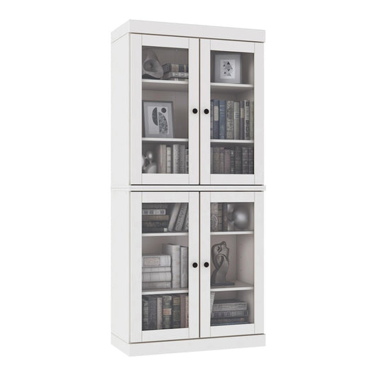 72" White Solid Wood Adjustable Six Tier Library Bookcase with Four Doors