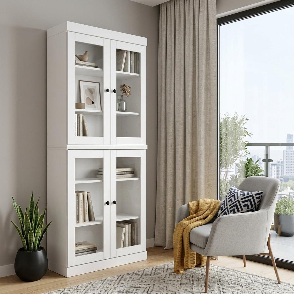 72" White Solid Wood Adjustable Six Tier Library Bookcase with Four Doors — view 3