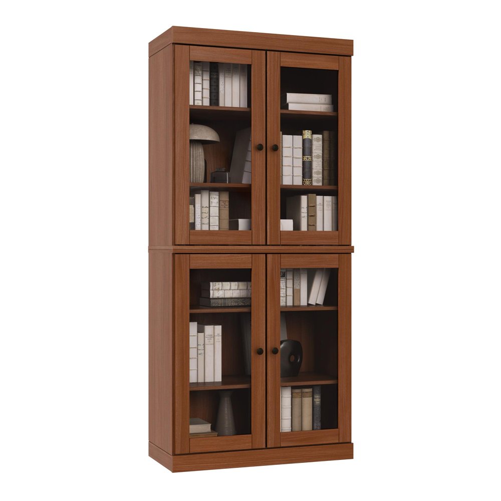 72" Coffee Solid Wood Adjustable Six Tier Library Bookcase with Four Doors — view 1