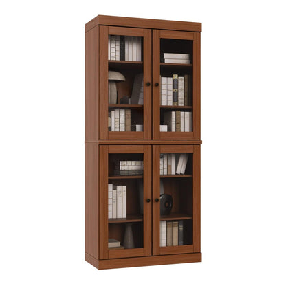 72" Coffee Solid Wood Adjustable Six Tier Library Bookcase with Four Doors HomeRoots
