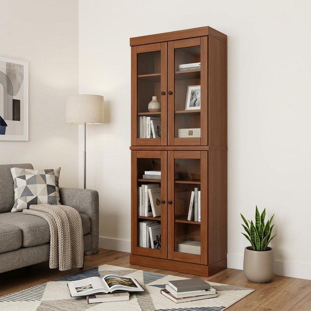 72" Coffee Solid Wood Adjustable Six Tier Library Bookcase with Four Doors HomeRoots