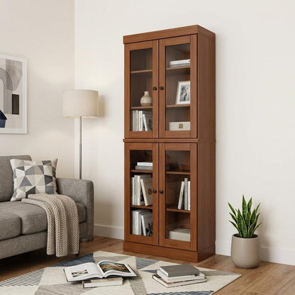72" Coffee Solid Wood Adjustable Six Tier Library Bookcase with Four Doors HomeRoots