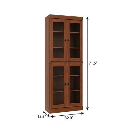 72" Coffee Solid Wood Adjustable Six Tier Library Bookcase with Four Doors HomeRoots