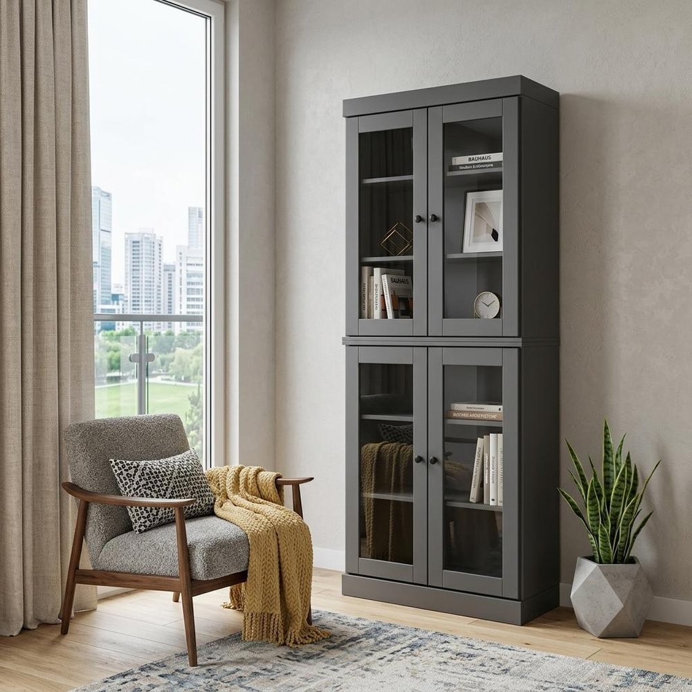 72" Gray Solid Wood Adjustable Six Tier Library Bookcase with Four Doors HomeRoots