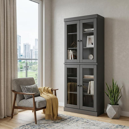 72" Gray Solid Wood Adjustable Six Tier Library Bookcase with Four Doors HomeRoots