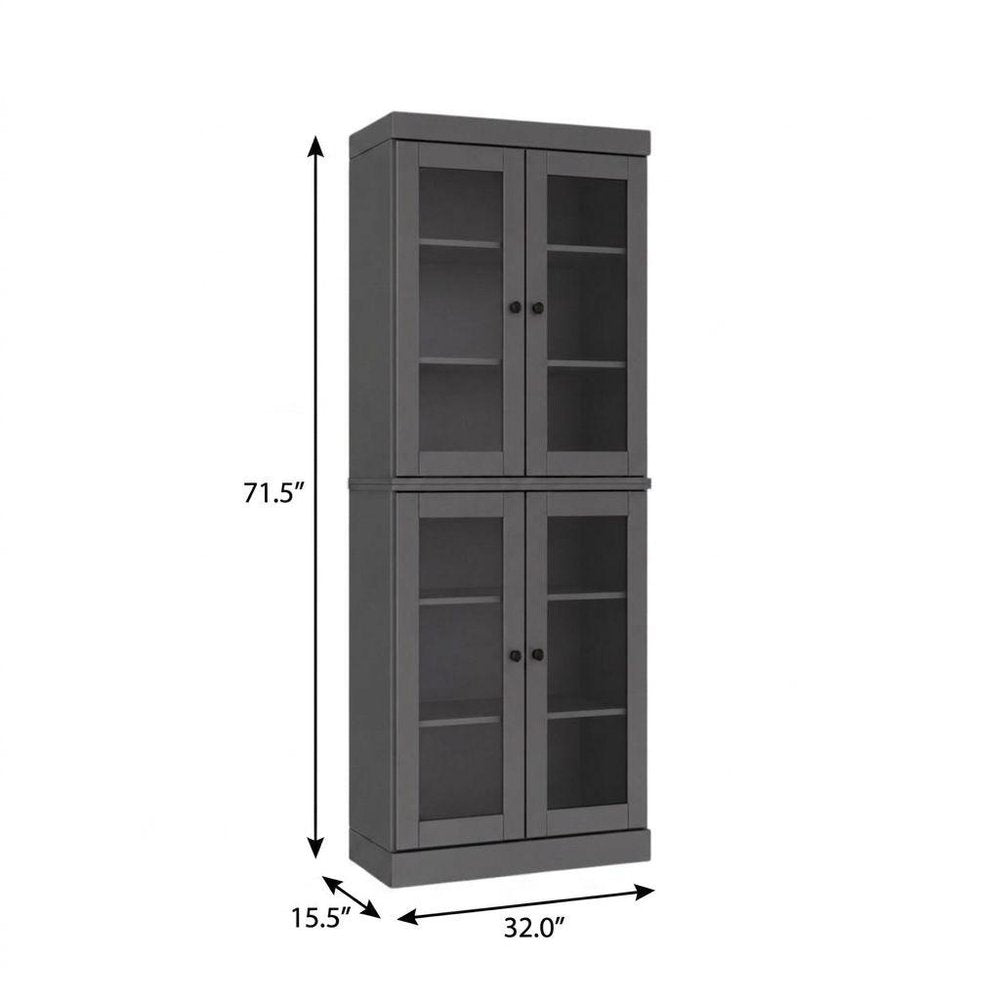 72" Gray Solid Wood Adjustable Six Tier Library Bookcase with Four Doors HomeRoots
