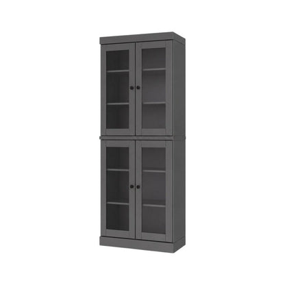 72" Gray Solid Wood Adjustable Six Tier Library Bookcase with Four Doors