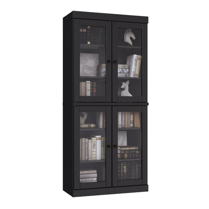 72" Black Solid Wood Adjustable Six Tier Library Bookcase with Four Doors HomeRoots