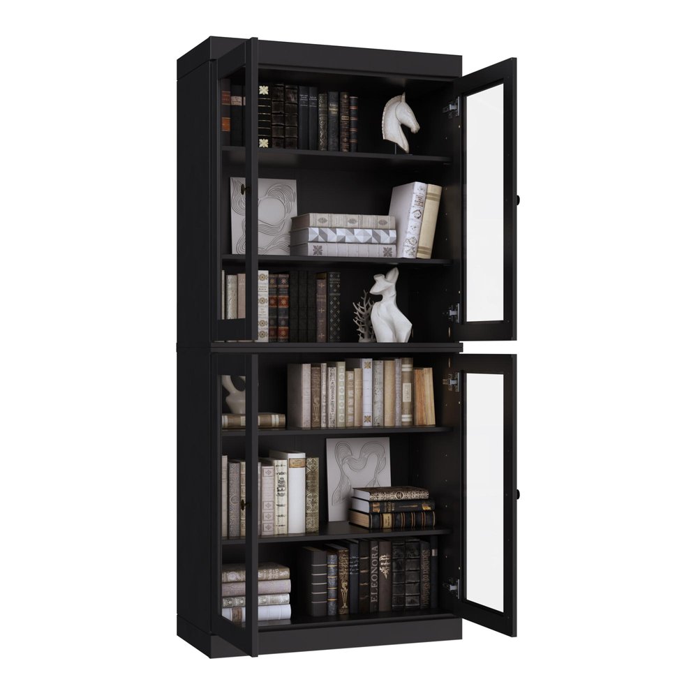 72" Black Solid Wood Adjustable Six Tier Library Bookcase with Four Doors — view 2