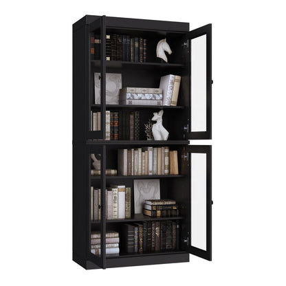 72" Black Solid Wood Adjustable Six Tier Library Bookcase with Four Doors HomeRoots