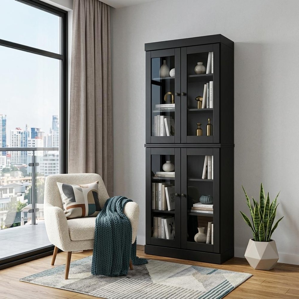 72" Black Solid Wood Adjustable Six Tier Library Bookcase with Four Doors HomeRoots