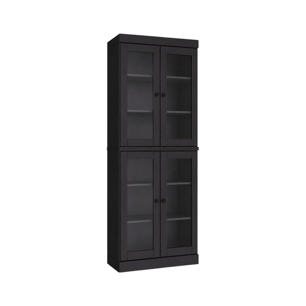 72" Black Solid Wood Adjustable Six Tier Library Bookcase with Four Doors — view 3