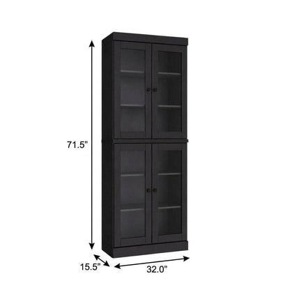 72" Black Solid Wood Adjustable Six Tier Library Bookcase with Four Doors HomeRoots