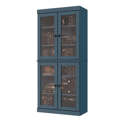 72" Teal Blue Solid Wood Adjustable Six Tier Library Bookcase with Four Doors HomeRoots