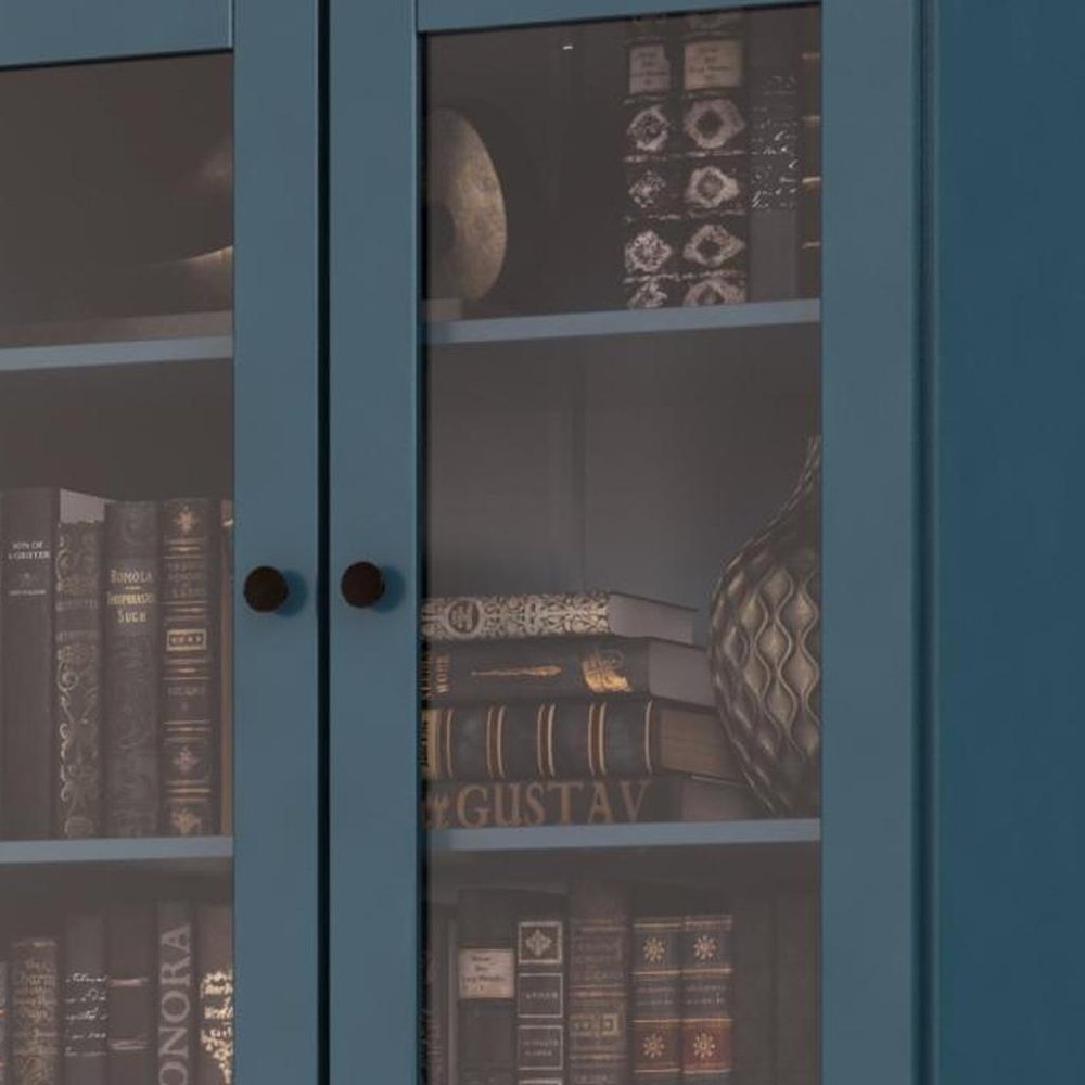 72" Teal Blue Solid Wood Adjustable Six Tier Library Bookcase with Four Doors — view 2
