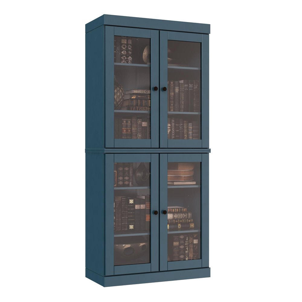 72" Teal Blue Solid Wood Adjustable Six Tier Library Bookcase with Four Doors — view 3
