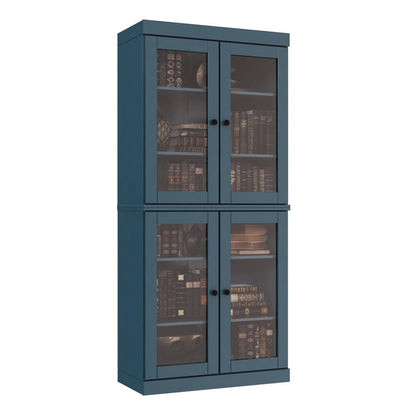72" Teal Blue Solid Wood Adjustable Six Tier Library Bookcase with Four Doors HomeRoots