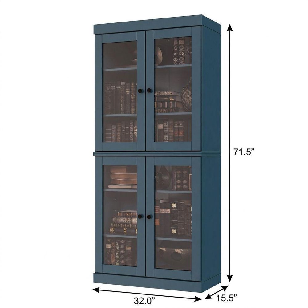 72" Teal Blue Solid Wood Adjustable Six Tier Library Bookcase with Four Doors HomeRoots