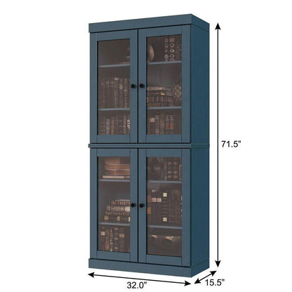 72" Teal Blue Solid Wood Adjustable Six Tier Library Bookcase with Four Doors HomeRoots