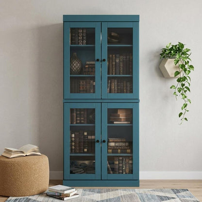 72" Teal Blue Solid Wood Adjustable Six Tier Library Bookcase with Four Doors HomeRoots