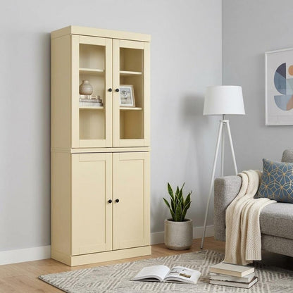 72" Yellow Solid Wood Adjustable Six Tier Library Bookcase with Four Doors HomeRoots