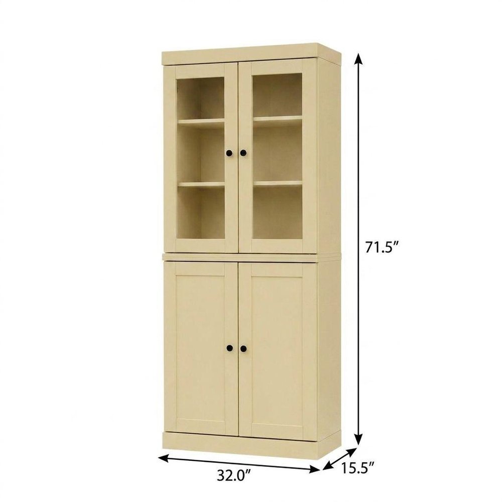 72" Yellow Solid Wood Adjustable Six Tier Library Bookcase with Four Doors HomeRoots