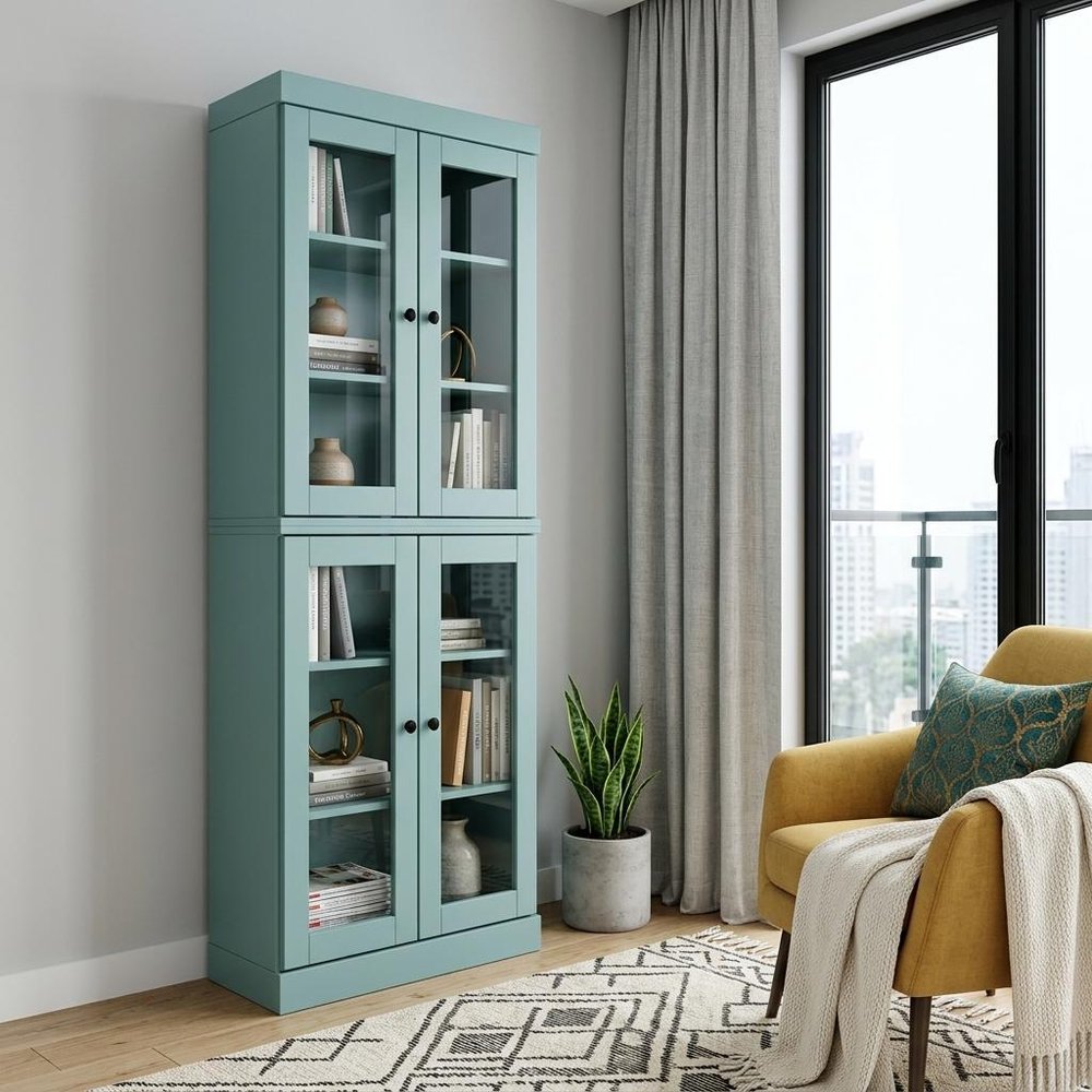 72" Aqua Solid Wood Adjustable Six Tier Library Bookcase with Four Doors HomeRoots