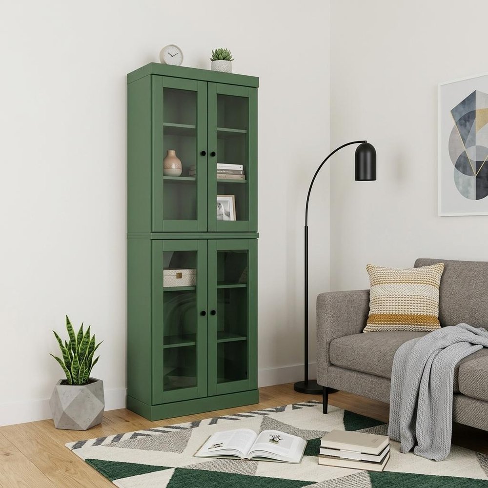72" Green Solid Wood Adjustable Six Tier Library Bookcase with Four Doors — view 2