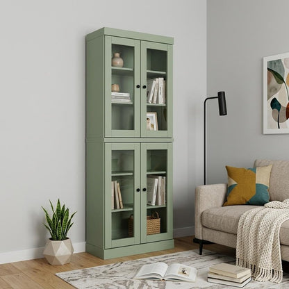 72" Sage Solid Wood Adjustable Six Tier Library Bookcase with Four Doors HomeRoots