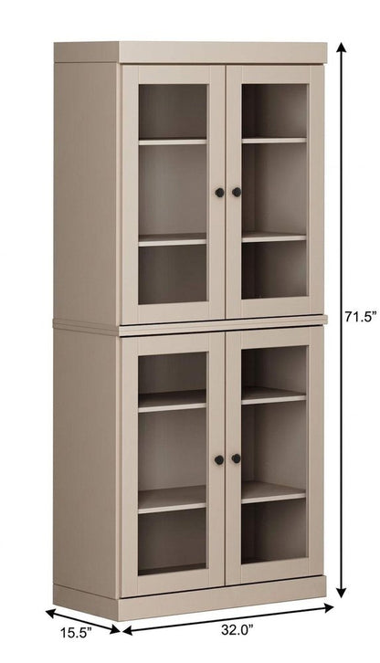 72" Beige Solid Wood Adjustable Six Tier Library Bookcase with Four Doors HomeRoots