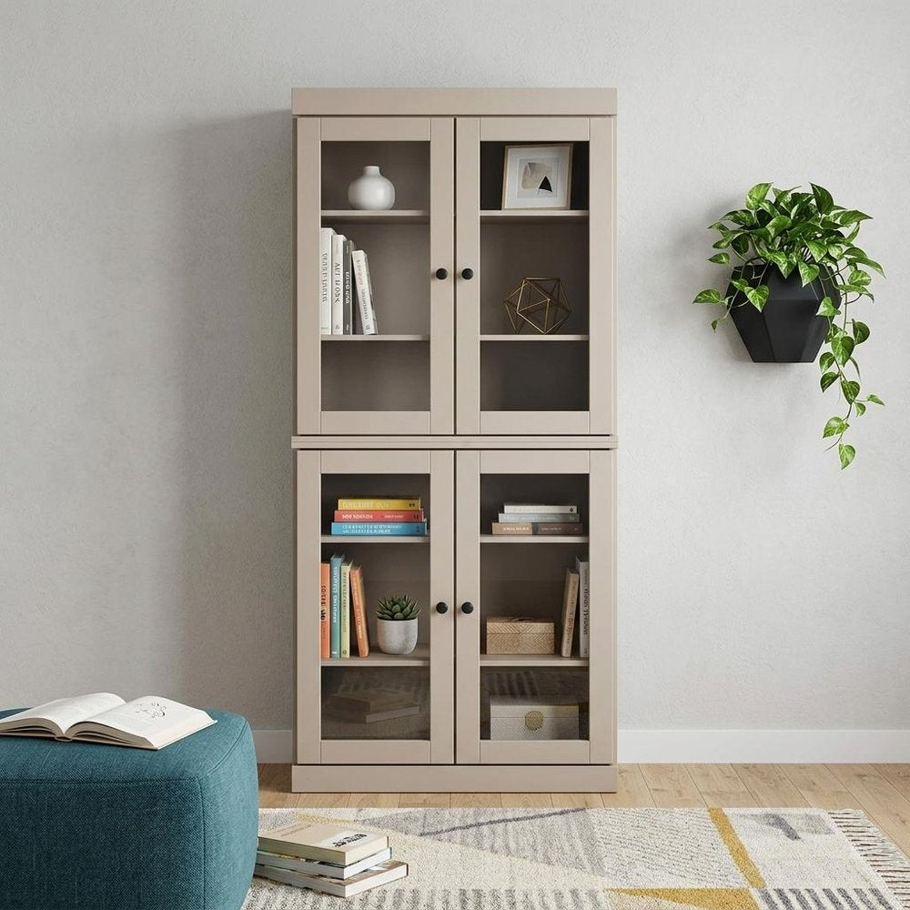 72" Beige Solid Wood Adjustable Six Tier Library Bookcase with Four Doors HomeRoots