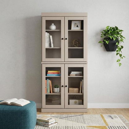 72" Beige Solid Wood Adjustable Six Tier Library Bookcase with Four Doors HomeRoots