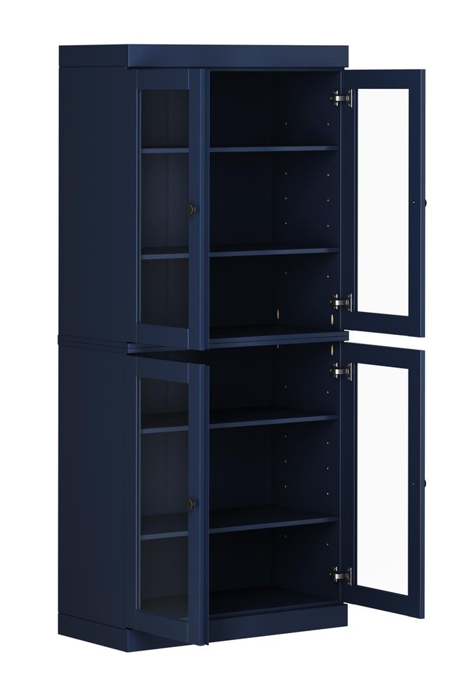 72" Navy Blue Solid Wood Adjustable Six Tier Library Bookcase with Four Doors HomeRoots