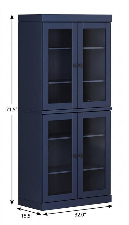 72" Navy Blue Solid Wood Adjustable Six Tier Library Bookcase with Four Doors HomeRoots