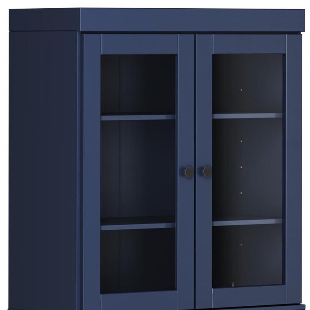 72" Navy Blue Solid Wood Adjustable Six Tier Library Bookcase with Four Doors — view 3