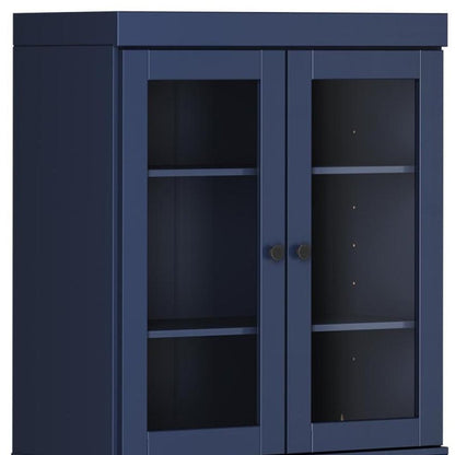 72" Navy Blue Solid Wood Adjustable Six Tier Library Bookcase with Four Doors HomeRoots