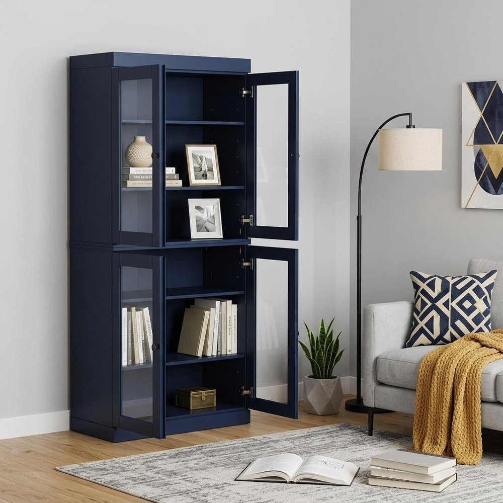 72" Navy Blue Solid Wood Adjustable Six Tier Library Bookcase with Four Doors HomeRoots