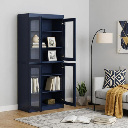 72" Navy Blue Solid Wood Adjustable Six Tier Library Bookcase with Four Doors HomeRoots